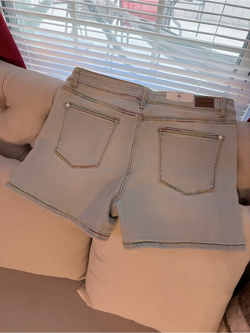 Judy Blue Light Wash Denim Shorts with Pastel Stitching - Picture 2 of 6